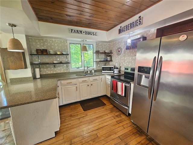 6207 Knickerbocker Rd, Ontario, NY 14519 - kitchen with appliances with stainless steel finishes, a sink, open shelves, wood ceiling, and white cabinetry