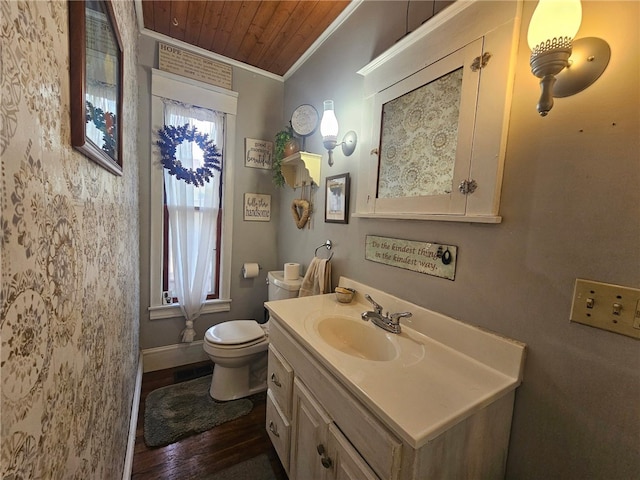 6207 Knickerbocker Rd, Ontario, NY 14519 - bathroom with crown molding, wood finished floors, vanity, toilet, and wood ceiling
