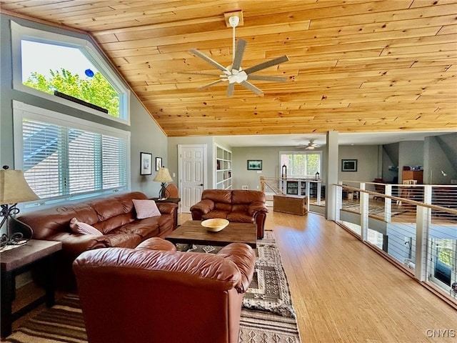 2 Perch Bay Rd, Morristown, NY 13669 - living area with ceiling fan, wooden ceiling, wood finished floors, and vaulted ceiling