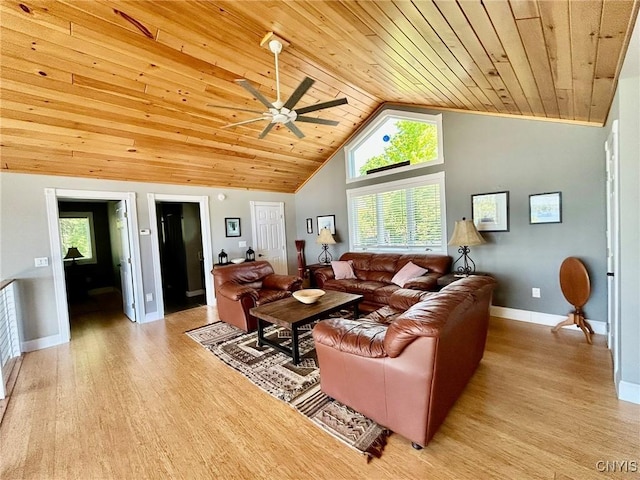 2 Perch Bay Rd, Morristown, NY 13669 - living room featuring wood ceiling, light wood-type flooring, ceiling fan, baseboards, and plenty of natural light