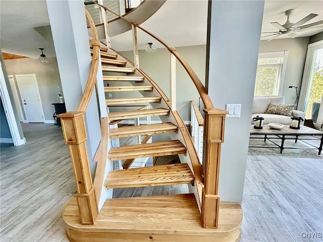 2 Perch Bay Rd, Morristown, NY 13669 - stairs with wood finished floors, ceiling fan, and baseboards