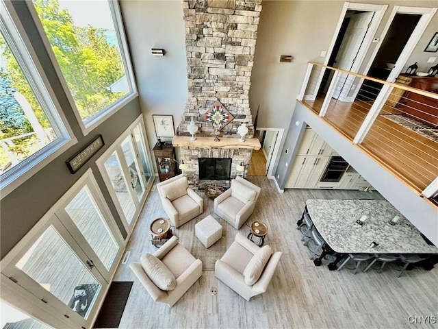 2 Perch Bay Rd, Morristown, NY 13669 - living room featuring wood finished floors, a high ceiling, and a stone fireplace