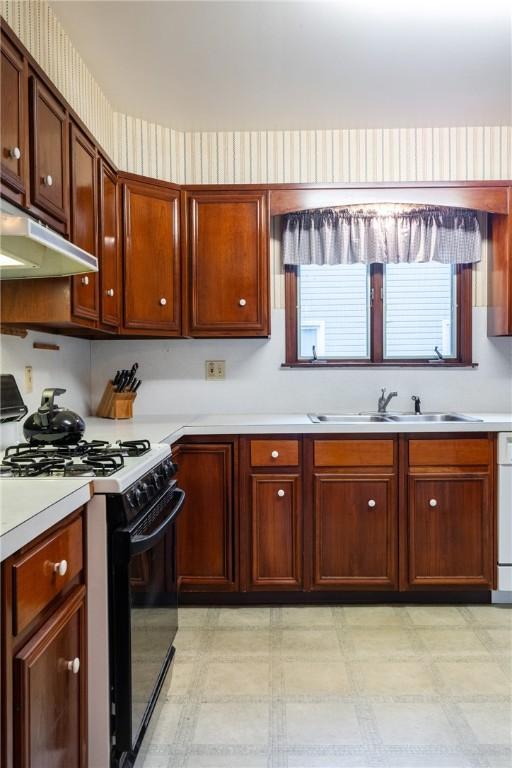376 Imperial Ave, Erwin, NY 14870 - kitchen with gas stove, under cabinet range hood, light flooring, light countertops, and a sink