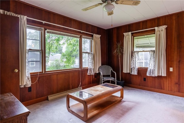 376 Imperial Ave, Erwin, NY 14870 - living area with a baseboard heating unit, wood walls, carpet, ceiling fan, and baseboards
