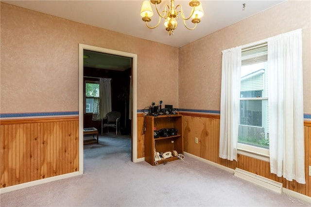376 Imperial Ave, Erwin, NY 14870 - spare room with a chandelier, wainscoting, carpet, and wooden walls