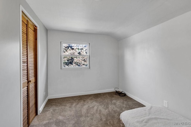 10652 Elm St, North Collins, NY 14111 - unfurnished bedroom featuring carpet flooring, a closet, baseboards, and vaulted ceiling