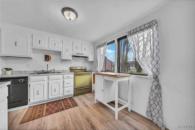 8 Robin Rd, Amherst, NY 14228 - kitchen featuring range with electric cooktop, black dishwasher, a sink, under cabinet range hood, and white cabinets