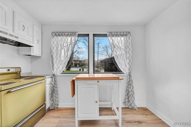 8 Robin Rd, Amherst, NY 14228 - kitchen with electric stove, under cabinet range hood, white cabinetry, and light wood-type flooring