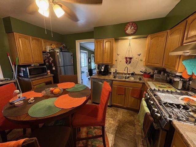 106 Rexford St, Rochester, NY 14621 - kitchen with stainless steel appliances, a sink, under cabinet range hood, and a ceiling fan