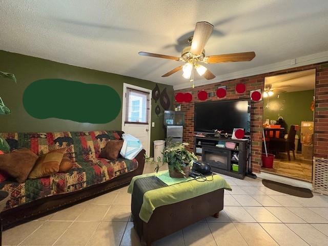 106 Rexford St, Rochester, NY 14621 - tiled living room with a ceiling fan and brick wall