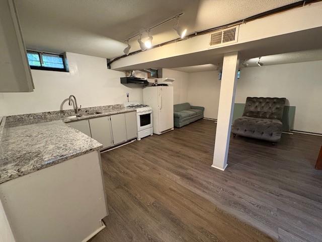 245 Weaver St, Rochester, NY 14621 - kitchen featuring white appliances, a sink, dark wood-type flooring, ventilation hood, and open shelves