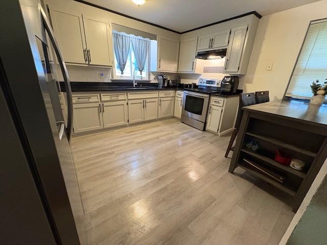 245 Weaver St, Rochester, NY 14621 - kitchen with stainless steel appliances, under cabinet range hood, light wood-style floors, and dark countertops