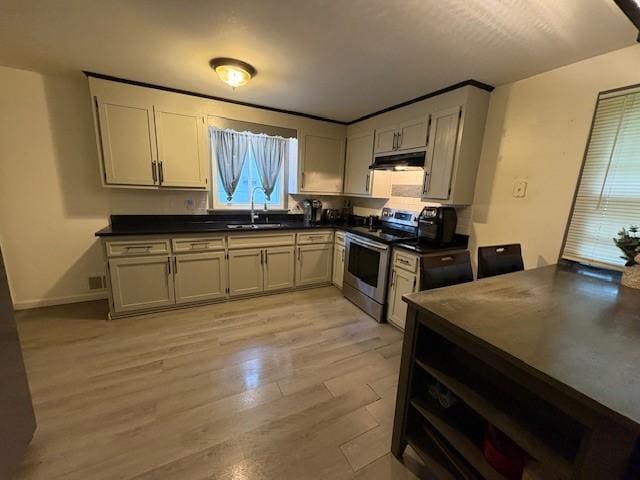 245 Weaver St, Rochester, NY 14621 - kitchen featuring stainless steel electric range, under cabinet range hood, a sink, light wood-style flooring, and dark countertops