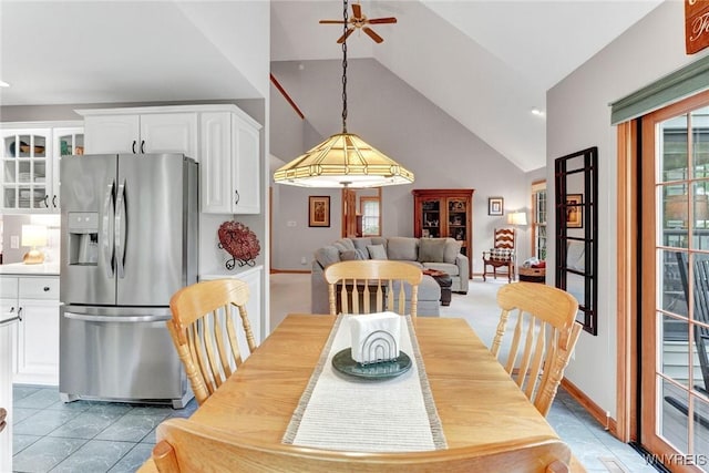 23 Gatehouse Ln, Amherst, NY 14051 - dining space with healthy amount of natural light, ceiling fan, high vaulted ceiling, baseboards, and recessed lighting