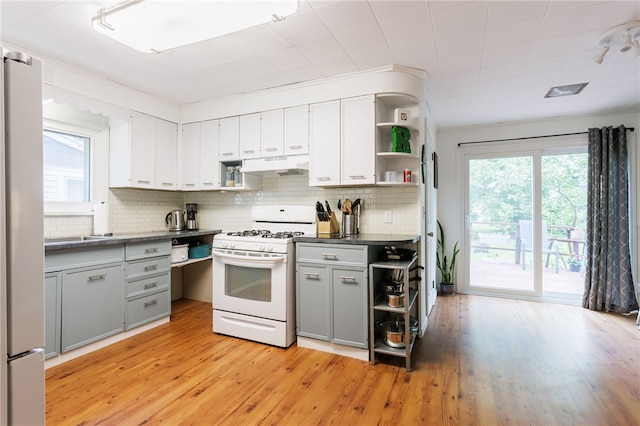 43 Woodland Park, Rochester, NY 14610 - kitchen featuring white appliances, under cabinet range hood, open shelves, gray cabinets, and light wood finished floors