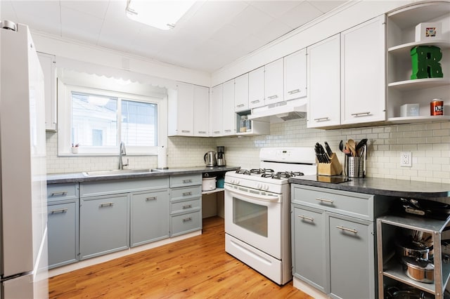 43 Woodland Park, Rochester, NY 14610 - kitchen featuring white appliances, open shelves, gray cabinets, a sink, and under cabinet range hood