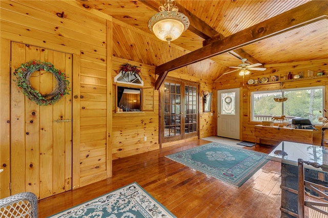 543 Middlefield Rd, Westford, NY 12155 - foyer entrance featuring wooden walls, hardwood / wood-style floors, wood ceiling, ceiling fan, and french doors