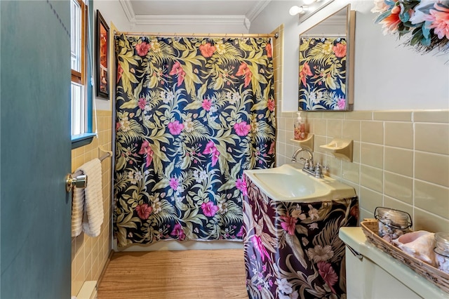 543 Middlefield Rd, Westford, NY 12155 - bathroom featuring tile walls, toilet, crown molding, a shower with curtain, and vanity