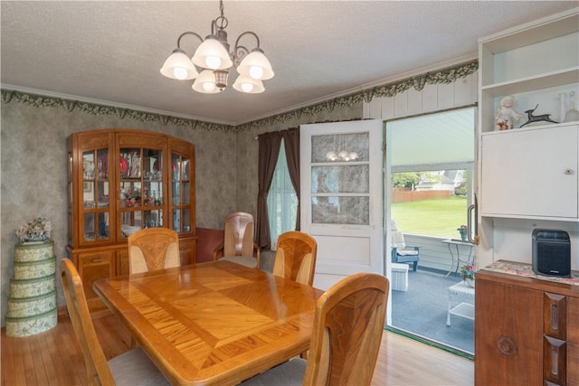 9 N Clinton St, North Dansville, NY 14437 - dining space with a chandelier, light wood-type flooring, ornamental molding, and a textured ceiling