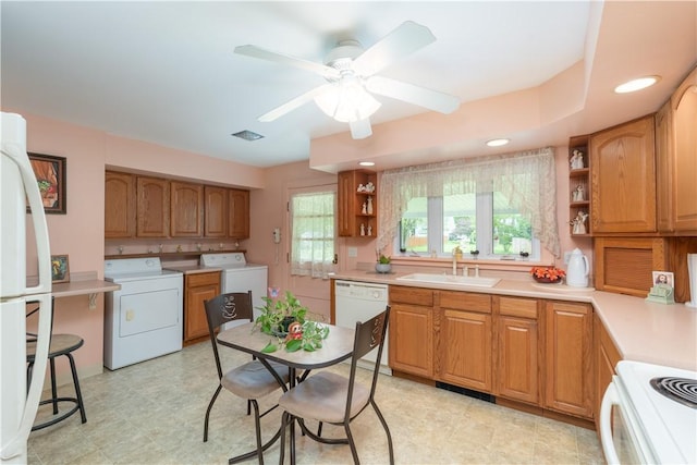 9 N Clinton St, North Dansville, NY 14437 - kitchen featuring washer / clothes dryer, open shelves, a sink, light countertops, and recessed lighting
