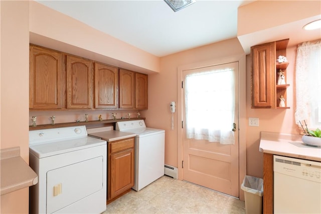 9 N Clinton St, North Dansville, NY 14437 - laundry room featuring a baseboard heating unit, light floors, and washer and dryer