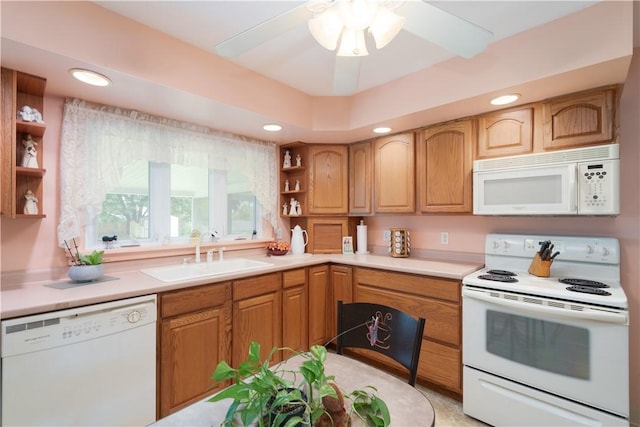9 N Clinton St, North Dansville, NY 14437 - kitchen featuring white appliances, a sink, open shelves, recessed lighting, and light countertops