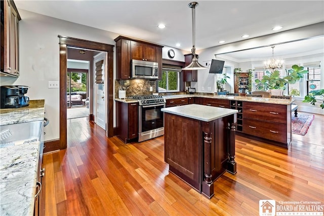 526 Central Ave, Dunkirk-City, NY 14048 - kitchen with appliances with stainless steel finishes, healthy amount of natural light, light wood-style flooring, a peninsula, and recessed lighting