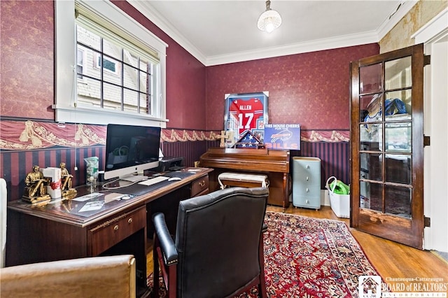 526 Central Ave, Dunkirk-City, NY 14048 - office space featuring wallpapered walls, wood finished floors, ornamental molding, and a wainscoted wall