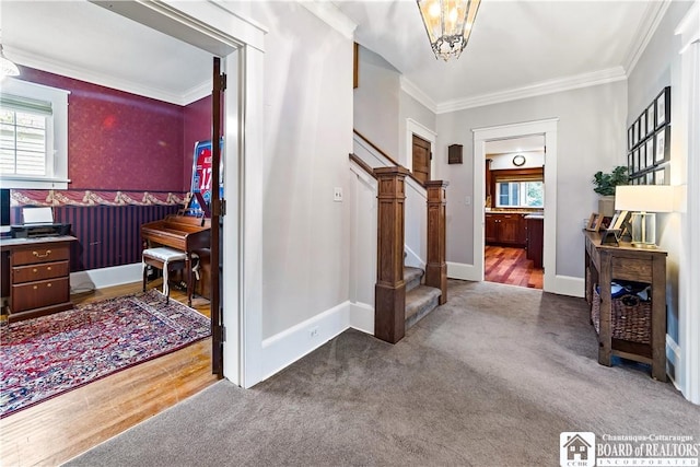 526 Central Ave, Dunkirk-City, NY 14048 - entryway with stairs, healthy amount of natural light, carpet flooring, and ornamental molding