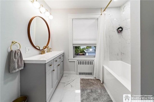 526 Central Ave, Dunkirk-City, NY 14048 - full bathroom featuring radiator heating unit, marble look tile flooring, vanity, baseboards, and shower / bathtub combination with curtain