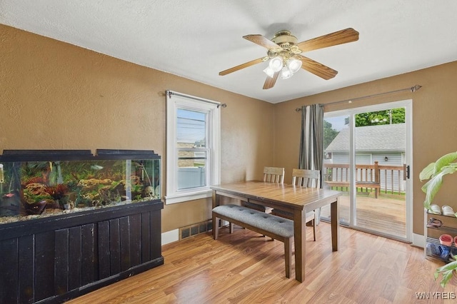 2902 Michigan Ave, Niagara Falls, NY 14305 - dining room with light wood-type flooring, ceiling fan, a textured wall, and baseboards