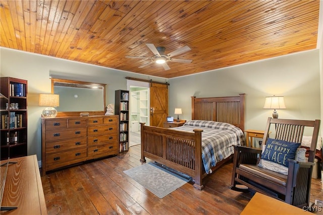 3374 State Route 49, Hastings, NY 13036 - bedroom featuring a barn door, wood ceiling, hardwood / wood-style flooring, and a ceiling fan