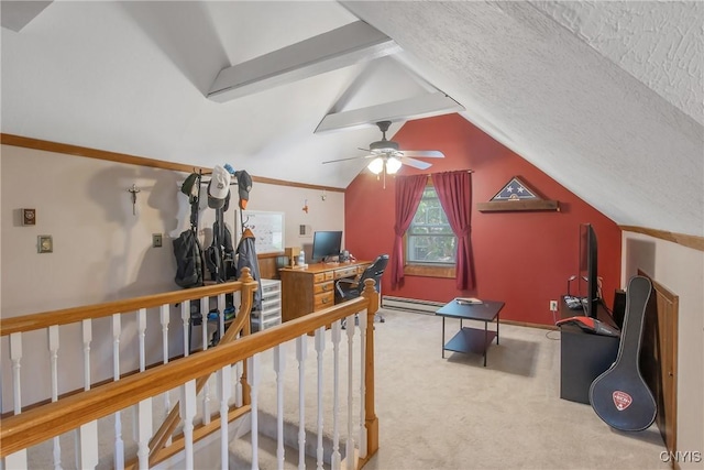 1607 Stolp Ave, Syracuse, NY 13207 - bedroom with baseboard heating, carpet, a textured ceiling, and a ceiling fan