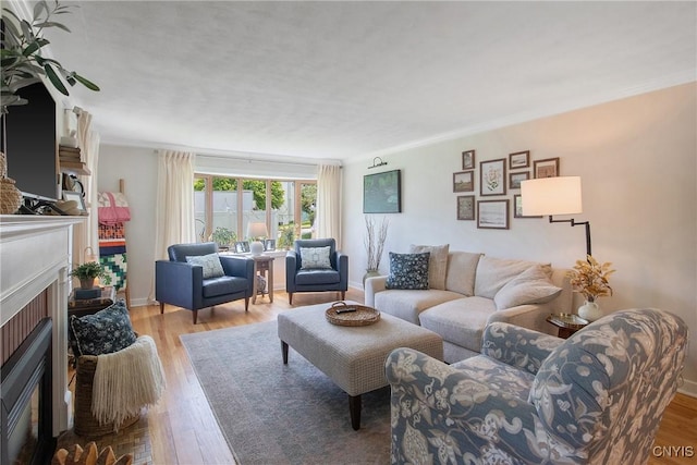 1607 Stolp Ave, Syracuse, NY 13207 - living area with a fireplace with flush hearth, wood finished floors, and baseboards