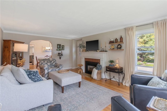 1607 Stolp Ave, Syracuse, NY 13207 - living area with arched walkways, wood finished floors, a fireplace, and crown molding