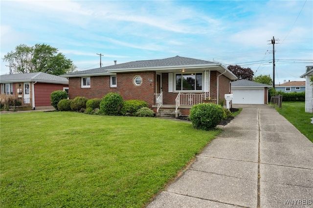 4314 Elmwood Ave, Hamburg, NY 14219 - view of front of property with an outbuilding, brick siding, a garage, a front yard, and roof with shingles