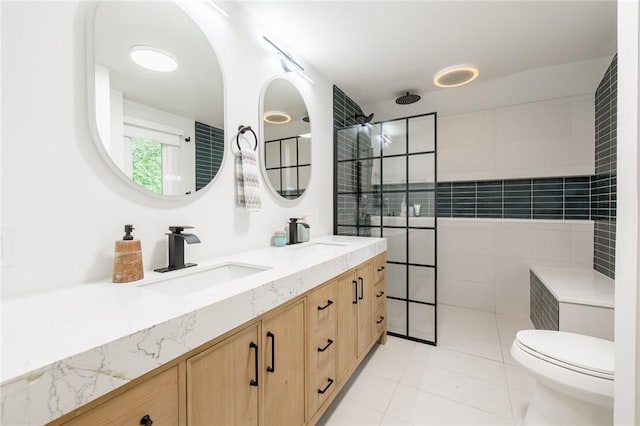 182 Stony Point Trl, Webster, NY 14580 - full bathroom with double vanity, tiled shower, tile patterned floors, and toilet