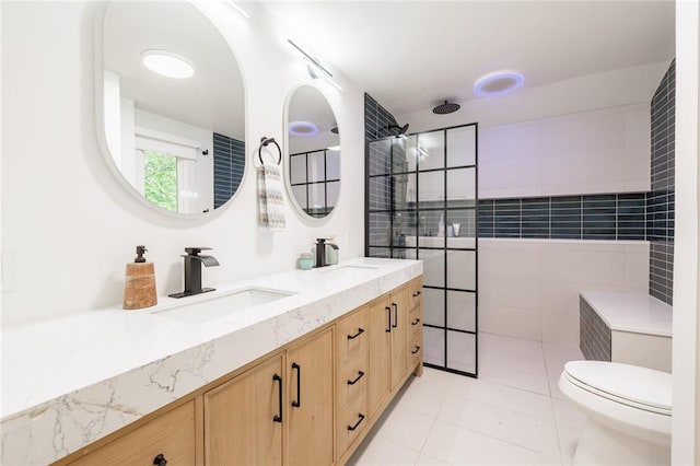 182 Stony Point Trl, Webster, NY 14580 - full bath with double vanity, a tile shower, tile patterned floors, and toilet