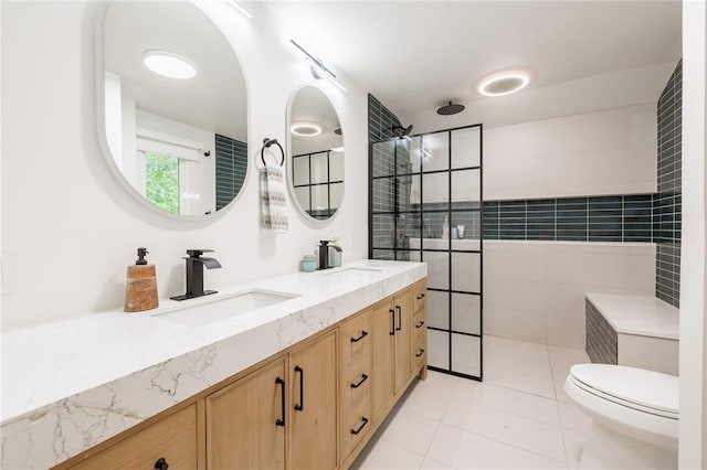 182 Stony Point Trl, Webster, NY 14580 - bathroom featuring double vanity, a walk in shower, tile patterned flooring, and toilet
