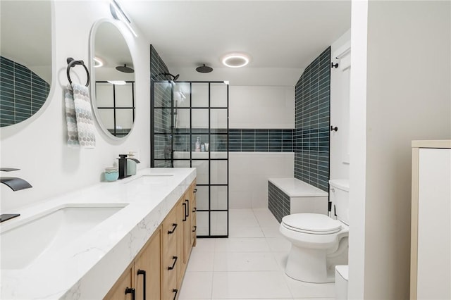 182 Stony Point Trl, Webster, NY 14580 - full bath with toilet, double vanity, a walk in shower, and tile patterned floors