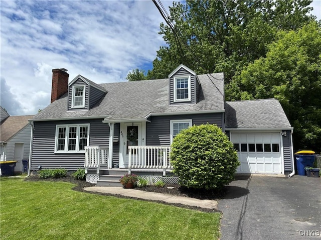 406 Fay Rd, Geddes, NY 13219 - cape cod house with asphalt driveway, an attached garage, a front lawn, a shingled roof, and a chimney