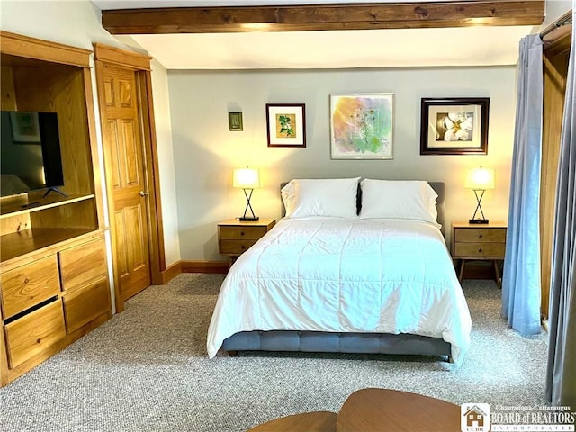 6753 Poverty Hill Rd, Ellicottville, NY 14731 - bedroom featuring carpet, baseboards, and beamed ceiling