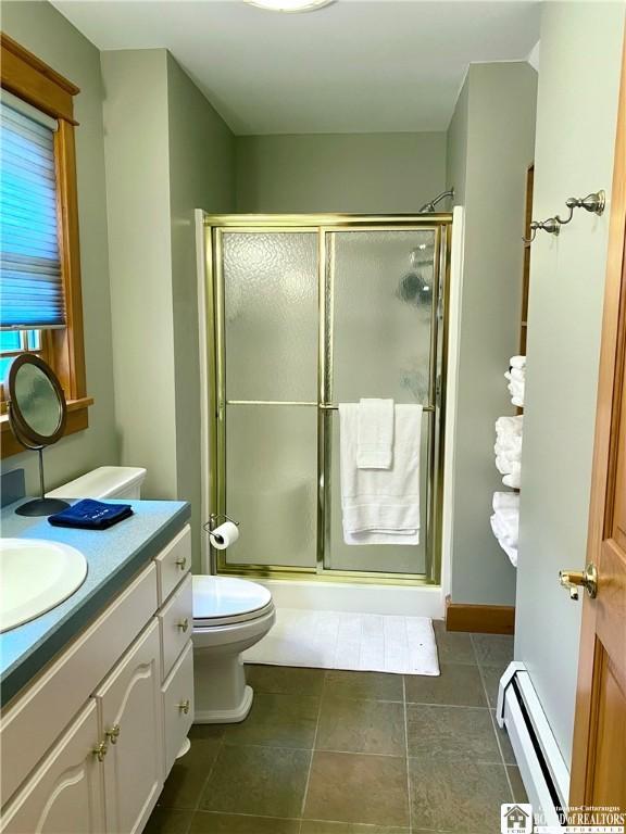 6753 Poverty Hill Rd, Ellicottville, NY 14731 - full bath featuring a baseboard radiator, vanity, a shower with shower door, and toilet