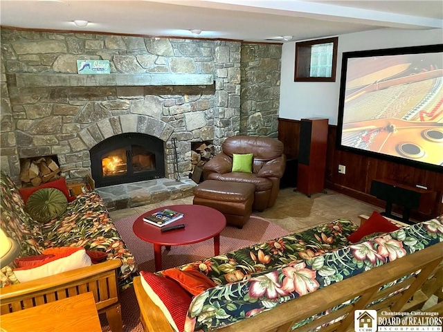 6753 Poverty Hill Rd, Ellicottville, NY 14731 - living area featuring a fireplace and wainscoting