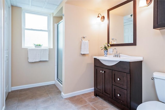 169 Watson Rd, Penfield, NY 14450 - bathroom featuring vanity, toilet, a stall shower, and baseboards