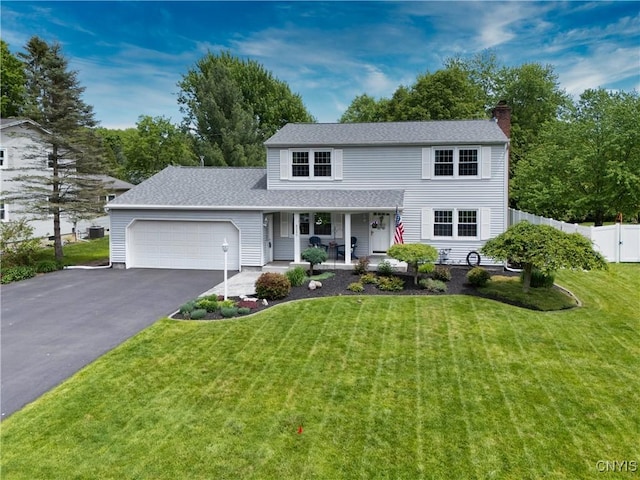 8260 Dexter Pkwy, Lysander, NY 13027 - traditional-style home featuring a porch, a garage, a chimney, driveway, and roof with shingles