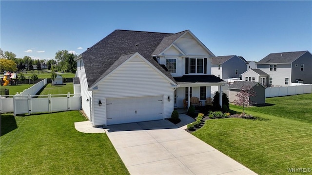 4580 Carlyes Ct, Hamburg, NY 14075 - traditional-style house with driveway, covered porch, a garage, a shingled roof, and a gate