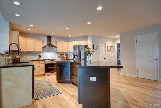 4580 Carlyes Ct, Hamburg, NY 14075 - kitchen with wall chimney range hood, appliances with stainless steel finishes, a kitchen island, decorative backsplash, and light wood-style floors