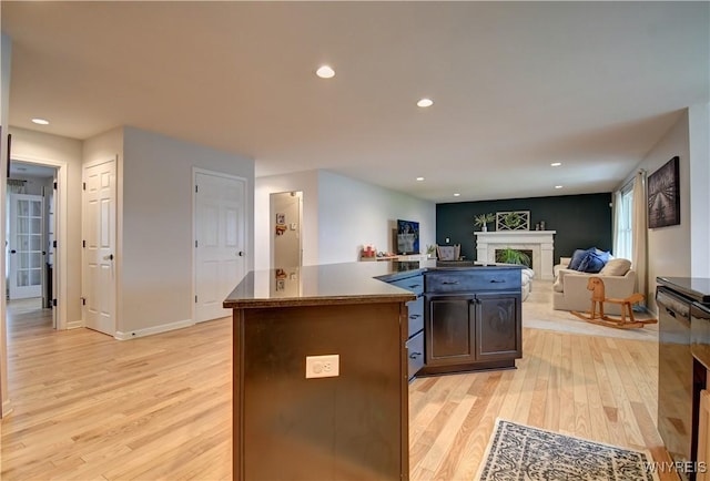 4580 Carlyes Ct, Hamburg, NY 14075 - kitchen featuring a fireplace, light wood-style floors, a center island, open floor plan, and recessed lighting