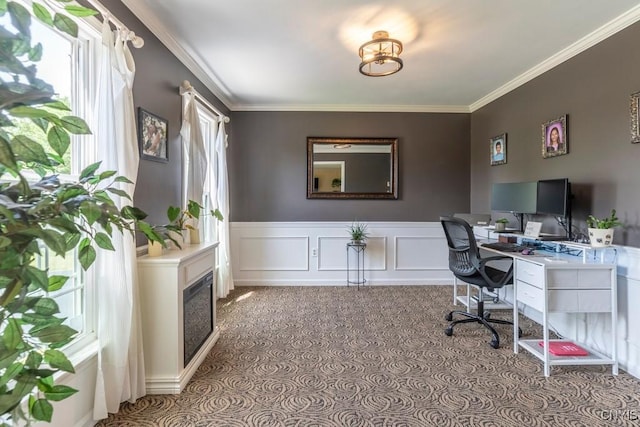 3 Foxwood Dr, Lysander, NY 13027 - carpeted office space with ornamental molding, a wainscoted wall, and a decorative wall